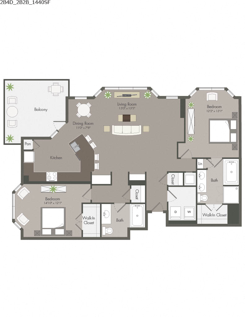 Floor plan for 2 beds, 2 baths, 1440 sqft